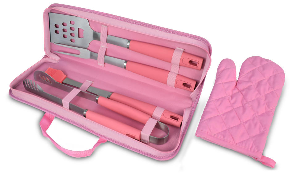 Just because grilled chicken shouldn't be pink, doesn't mean the tools you use on the BBQ can't be. This <a href="https://www.kovot.com/shop/gifts/pink-5-piece-bbq-tool-set-case/" target="_blank">five-piece BBQ tool set</a> is the heartfelt way to tell the lady in your life, "I heard pink is a girl's color and you're a girl, so here!" (Maybe work on the phrasing a bit first).
