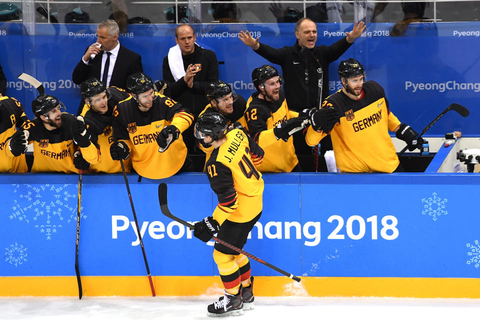 <p>Jonas Muller #41 of Germany celebrates with teammates after scoring a goal in the third period against Olympic Athlete from Russia during the Men’s Gold Medal Game on day sixteen of the PyeongChang 2018 Winter Olympic Games at Gangneung Hockey Centre on February 25, 2018 in Gangneung, South Korea. (Photo by Harry How/Getty Images) </p>