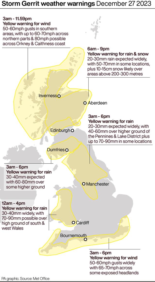 Storm Gerrit weather warnings December 27 2023