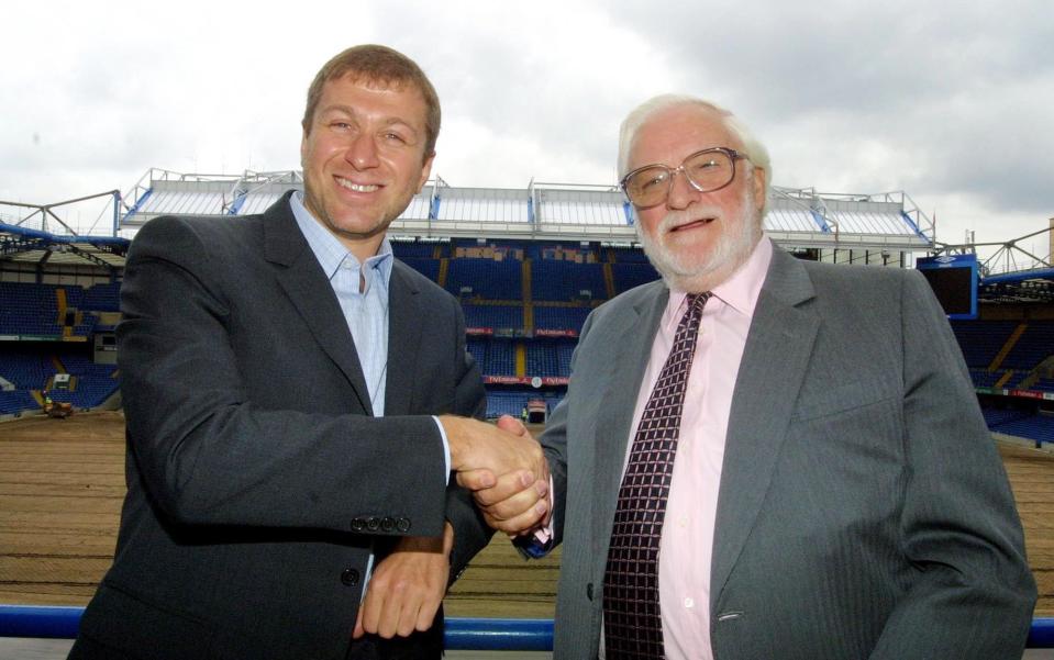 Roman Abramovich and Ken Bates at Stamford Bridge - 'Abramovich wanted to build Chelsea training ground in Regent's Park, until he found out the Queen owned it' - AP Photo/Vismedia