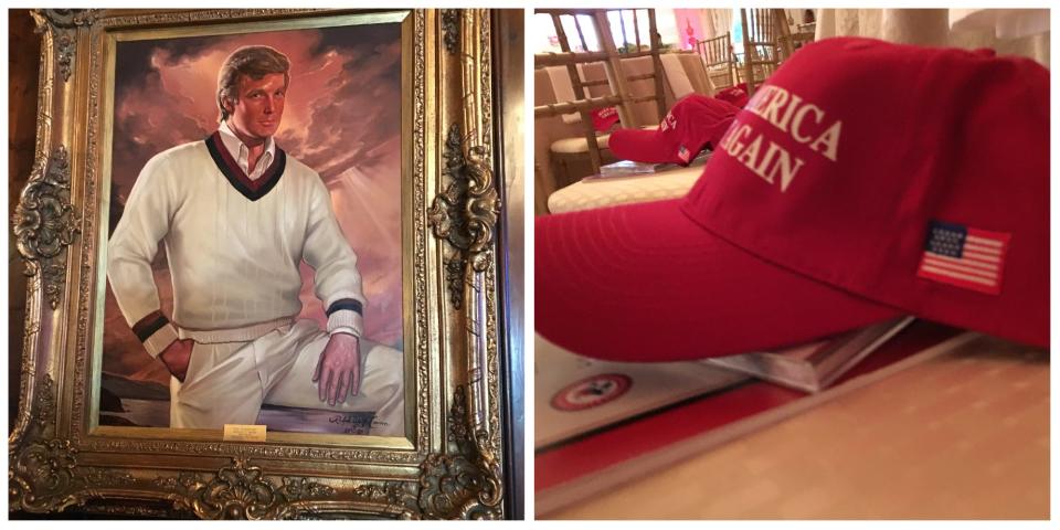 A portrait of Donald Trump hangs in the bar of Mar-a-Lago in March 2017, and Make America Great Again hats adorn chairs in the ballroom before a GOP dinner.