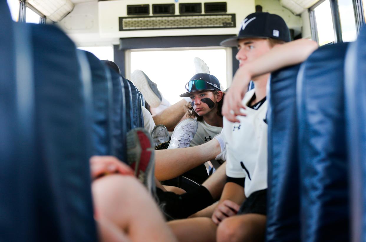 The Willard Baseball team relax as they ride the bus to Meador to take on the Springfield Catholic Fightin' Irish on Wednesday, May 1, 2024.
