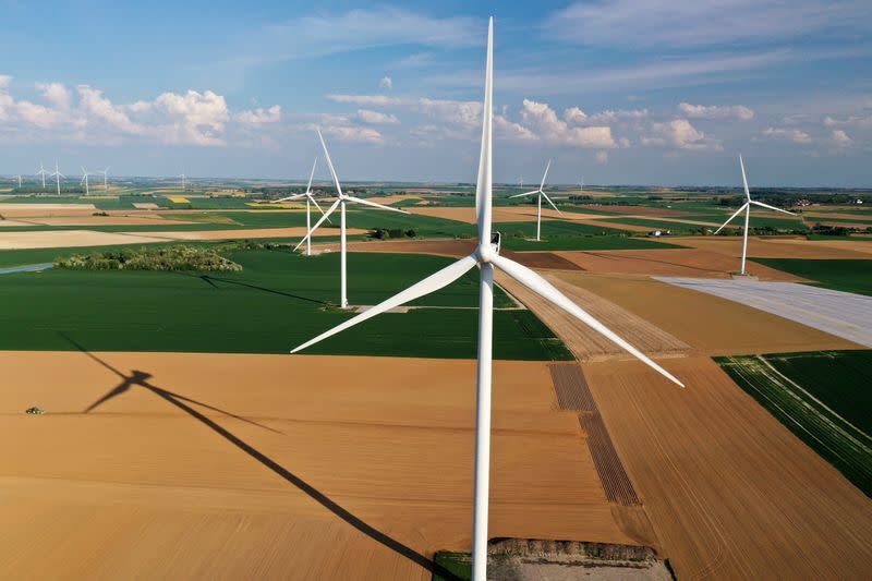 FILE PHOTO: An aerial view shows power-generating windmill turbines in a wind farm in Graincourt-les-Havrincourt