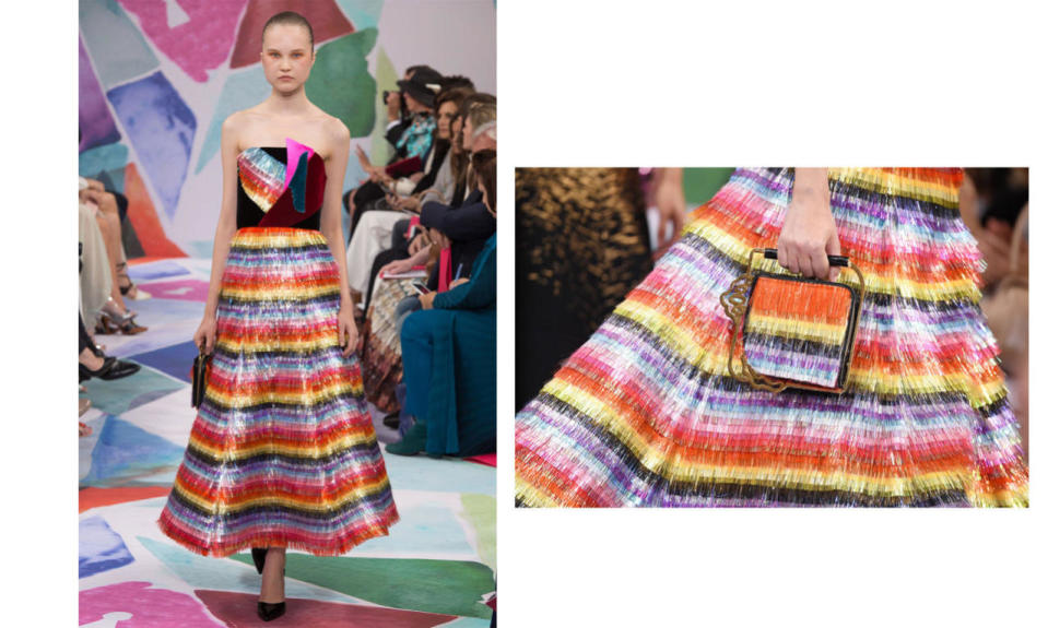 <p>A multicolor tiered dress is striking on its own, but look closely and each fabric appears to have been individually cut to perfection and precision. (<i>Photos: Getty Images)</i><br></p>