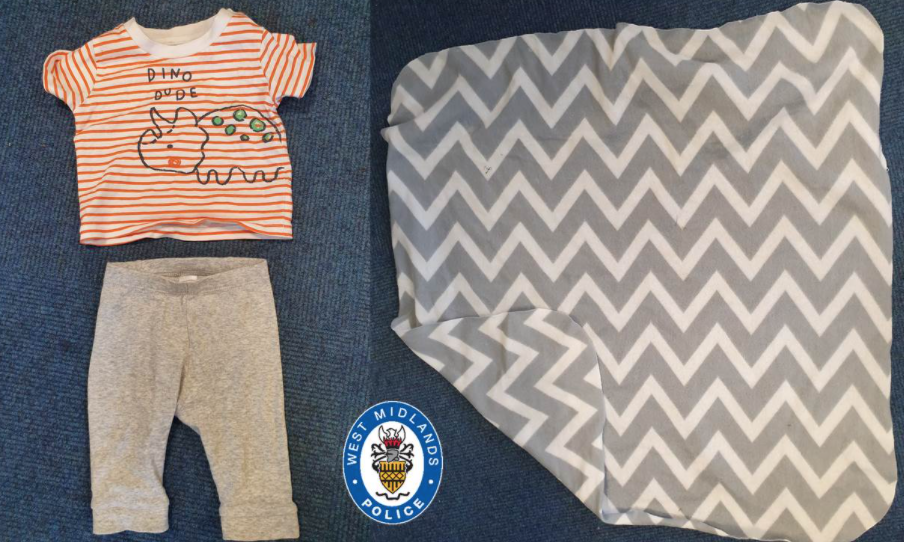 The baby was found in a stripey t-shirt, grey leggings and a grey blanket. (West Midlands Police)