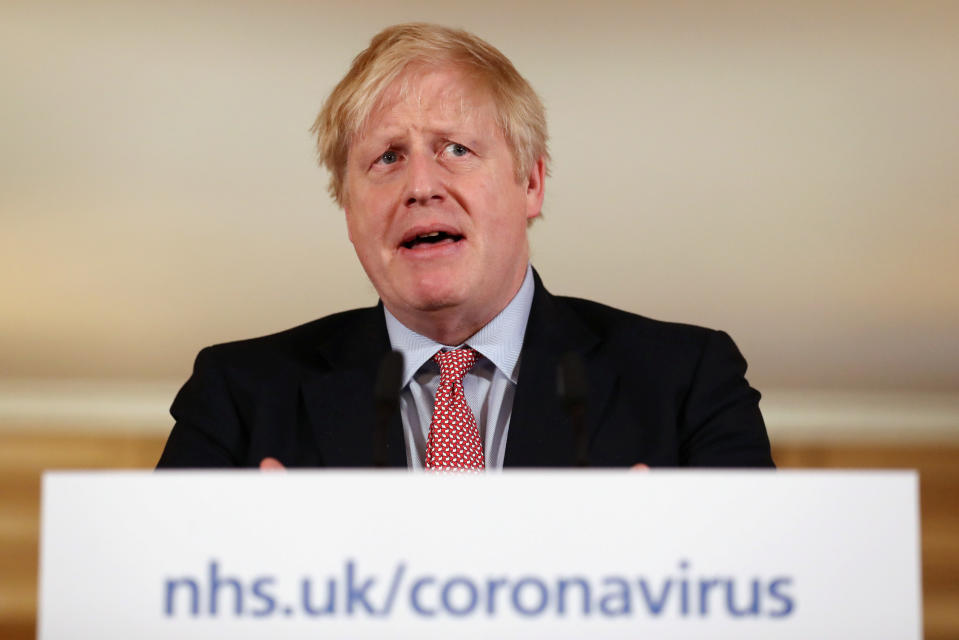 Britain's Prime Minister Boris Johnson speaks at a news conference addressing the government's response to the novel coronavirus COVID-19 outbreak, at 10 Downing Street in London on March 12, 2020. - Britain on Thursday said up to 10,000 people in the UK could be infected with the novel coronavirus COVID-19, as it announced new measures to slow the spread of the pandemic. (Photo by SIMON DAWSON / POOL / AFP) (Photo by SIMON DAWSON/POOL/AFP via Getty Images)