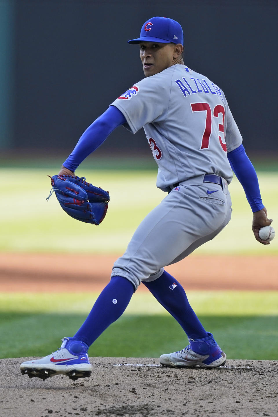 Chicago Cubs starting pitcher Adbert Alzolay delivers in the first inning of a baseball game against the Cleveland Indians, Tuesday, May 11, 2021, in Cleveland. (AP Photo/Tony Dejak)