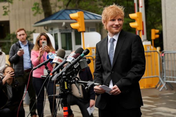 PHOTO: Ed Sheeran speaks to the media, after his copyright trial at Manhattan federal court, in New York City, May 4, 2023. (Shannon Stapleton/Reuters)