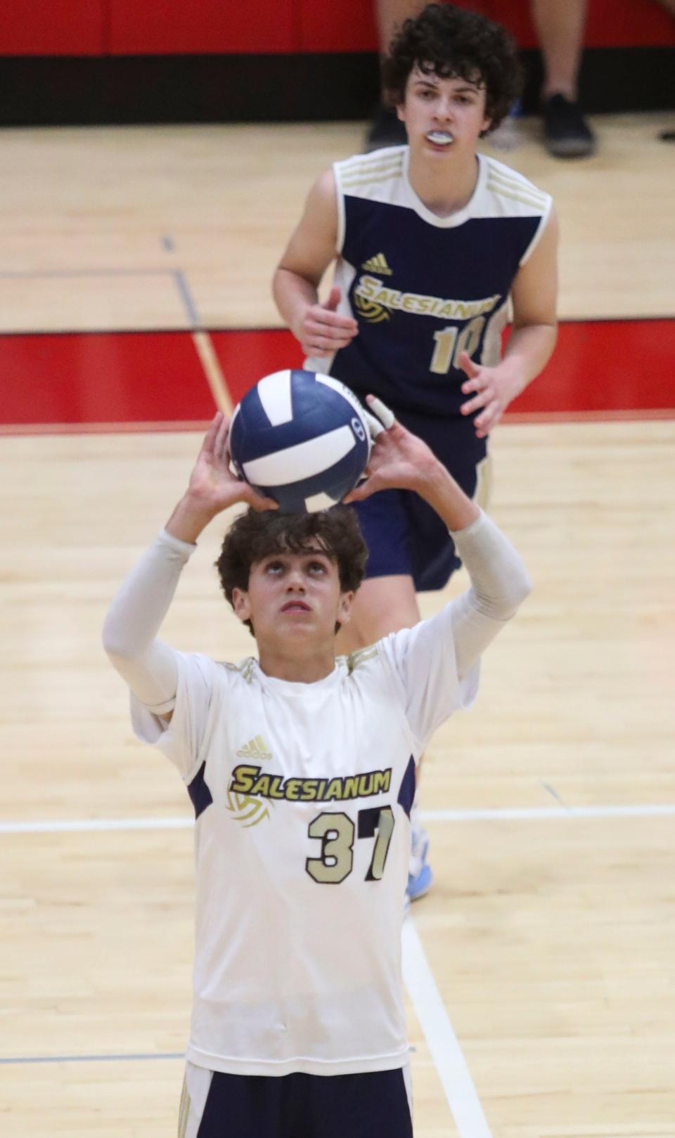 Salesianum's Aiden Dietrich sets in the final game of Cape Henlopen's 3-0 win for the first DIAA state title earned in boys volleyball, Tuesday, May 23, 2023 at Smyrna High School.