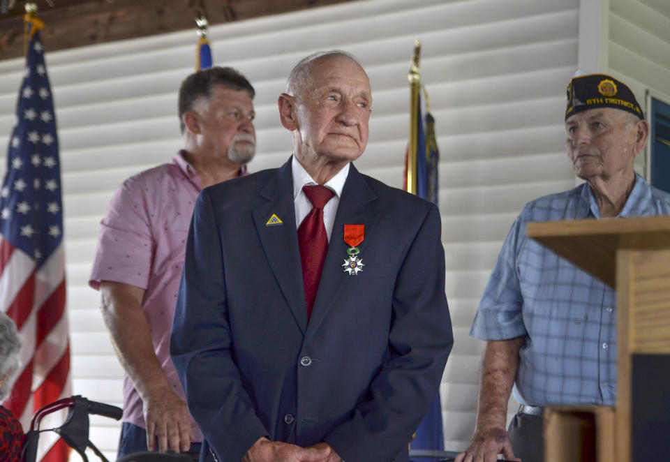 WWII veteran Jimmie H. Royer attends the ceremony where he was awarded France's Legion of Honor at VFW Post 346 in Terre Haute, Ind., Sunday, Sept. 29, 2019. The 94-year-old World War II veteran from western Indiana received the medal Sunday for his wartime service. (Austen Leake/The Tribune-Star via AP)
