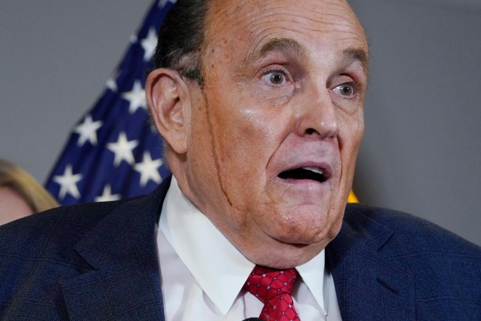 <p>Rudy Giuliani had a wardrobe malfunction during his conspiracy-laden rant</p> (AP)