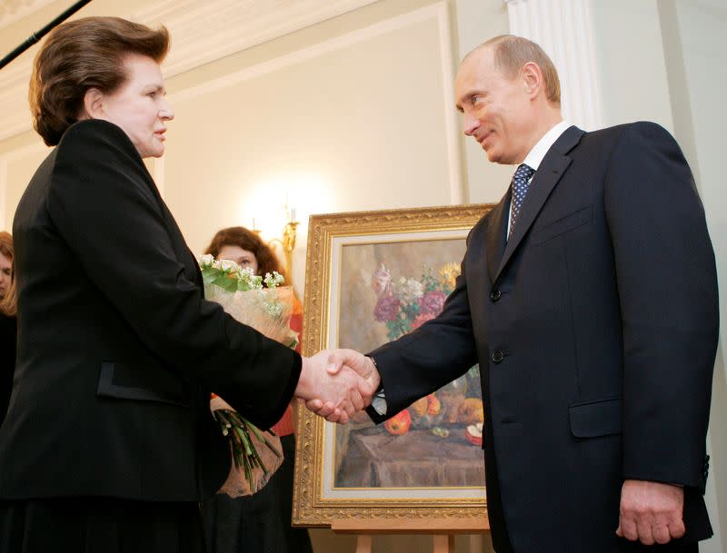 FILE PHOTO: Russian President Putin shakes hands with Valentina Tereshkova in 2007 at the presidential residence of Novo-Ogaryovo