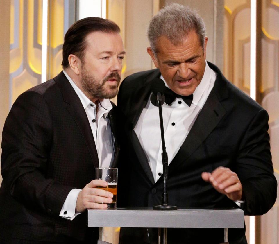 'I like a drink as much as the next man': Ricky Gervais and Mel Gibson at the 2016 Golden Globe awards - Paul Drinkwater/NBCUniversal via Getty Images