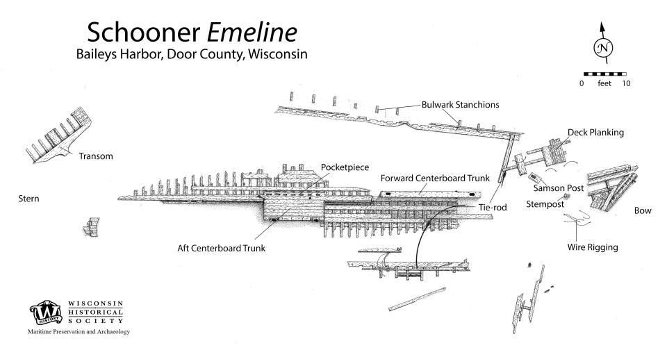 A diagram showing an overhead view of the remains of the Emerline, a 19th-century logging schooner in the water off Baileys Harbor that recently was placed on the State Register of Historic Places in Wisconsin.