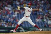 Philadelphia Phillies' Cristopher Sánchez pitches during the third inning of a baseball game against the Colorado Rockies, Wednesday, April 17, 2024, in Philadelphia. (AP Photo/Matt Rourke)