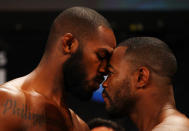 ATLANTA, GA - APRIL 20: Lightheavyweight fighters Jon Jones (L) and Rashad Evans face off during the UFC 145 official weigh in at Fox Theatre on April 20, 2012 in Atlanta, Georgia.