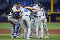 Members of the Kansas City Royals celebrate their win over the Tampa Bay Rays during a baseball game Friday, Aug. 19, 2022, in St. Petersburg, Fla. (AP Photo/Chris O'Meara)