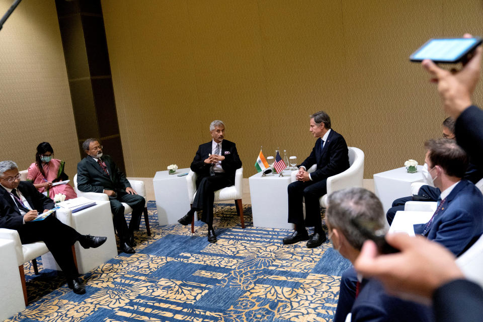 India's Foreign Minister Subrahmanyam Jaishankar (centre L) attends a meeting with US Secretary of State Antony Blinken (centre R) during the G20 Foreign Ministers' Meeting in Nusa Dua on the Indonesian resort island of Bali on July 8, 2022. Stefani Reynolds/Pool via REUTERS