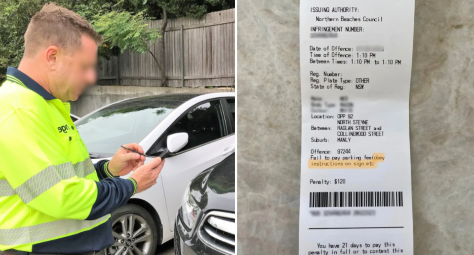 Left image shows a Council officer issuing a parking fine. Right image shows a docket with a parking fine in Northern Beaches Council.