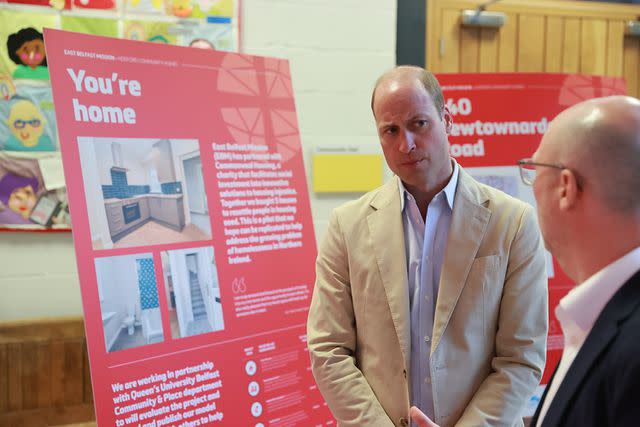 <p>Liam McBurney - Pool/Getty</p> Prince William visits East Belfast Mission at the Skainos Centre in June 2023 as he prepared to launch the Homewards project.