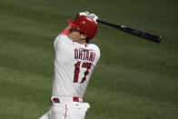 Los Angeles Angels' Shohei Ohtani, of Japan, watches his double during the fifth inning of a baseball game against the Los Angeles Dodgers, Friday, May 7, 2021, in Anaheim, Calif. (AP Photo/Jae C. Hong)