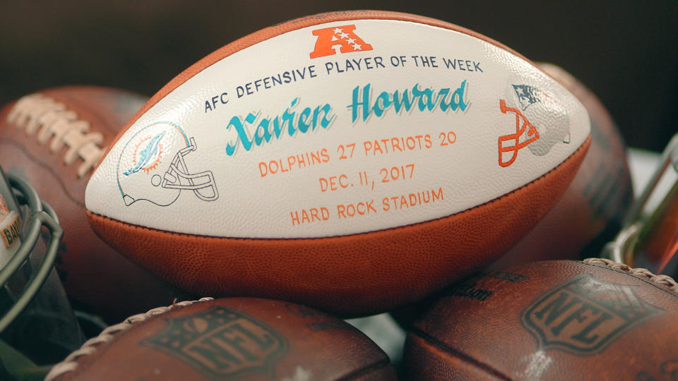 Xavien Howard’s keepsake for snagging two interceptions against Tom Brady and the Patriots last season. (Special to Yahoo Sports)