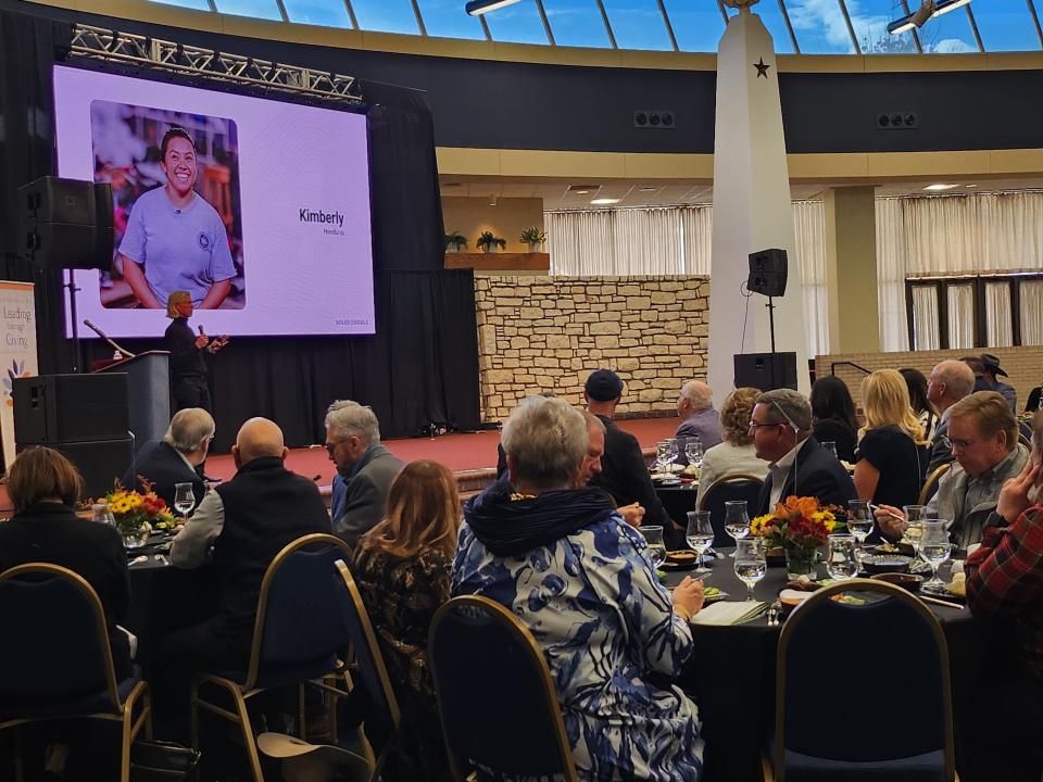 Keynote speaker Buddy Teaster, president and CEO of Soles4Souls, speaks about the importance of giving during the 31st annual Leading Through Giving celebration luncheon, held in recognition of National Philanthropy Day on Friday at the Amarillo Civic Center Grand Plaza.