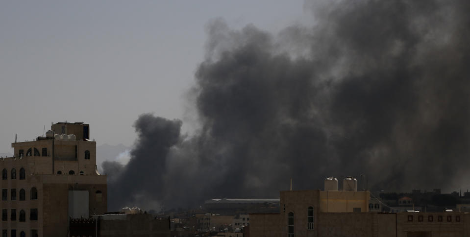 Smoke rises after Saudi-led airstrikes on an army base in Sanaa, Yemen, Sunday, Mar. 7, 2021. The Saudi-led coalition fighting Iran-backed rebels in Yemen said Sunday it launched a new air campaign on the war-torn country’s capital and on other provinces. The airstrikes come as retaliation for recent missile and drone attacks on Saudi Arabia that were claimed by the Iranian-backed rebels. (AP Photo/Hani Mohammed)