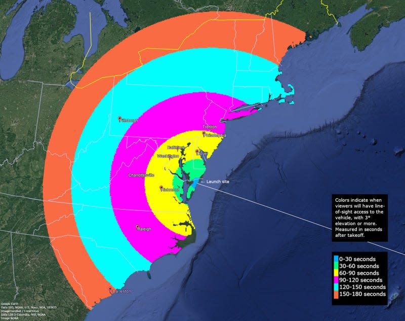 Weather permitting, the launch should be visible along a swath of the U.S. east coast.