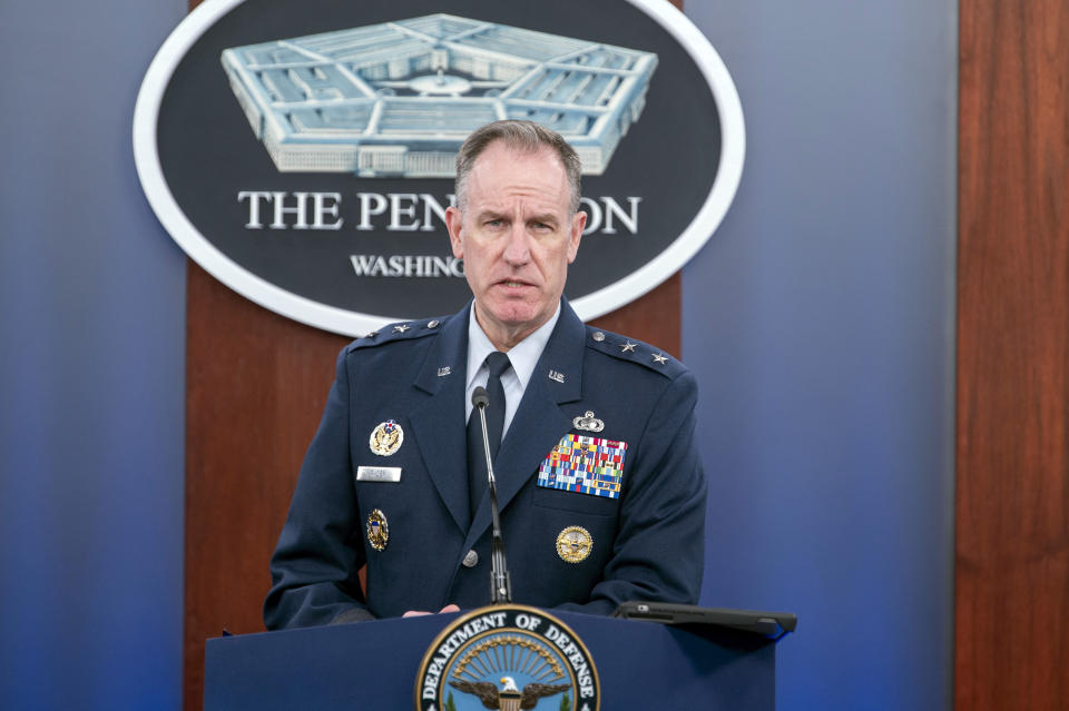 Pentagon press secretary Air Force Maj. Gen. Pat Ryder takes questions from reporters during a press conference at the Pentagon on Thursday, Jan. 11, 2024, in Washington. (AP Photo/Kevin Wolf)