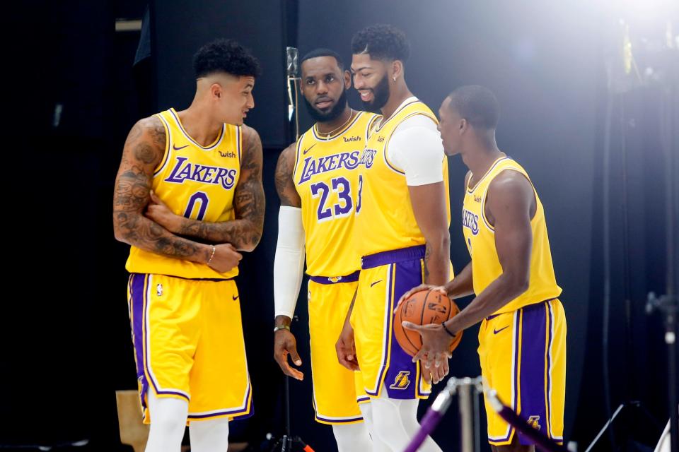 Because of the amount of attention LeBron James (23) and Anthony Davis command, Kyle Kuzma (0) never had a chance to fully blossom with the Lakers.