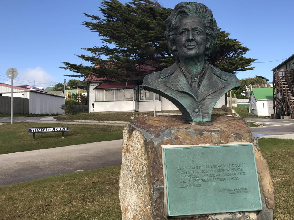 A street name and bust commemorating former prime minister Margaret Thatcher in the Falklands capital, Stanley (Falklands Island Government/PA)