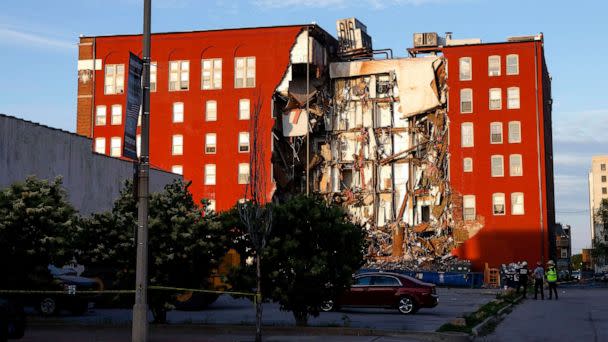 PHOTO: Emergency crews work the scene of a partial apartment building collapse on May 28, 2023, in Davenport, Iowa. (Nikos Frazier/Quad City Times via AP)