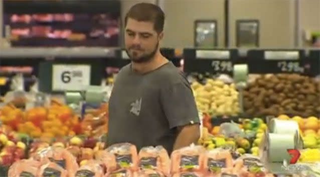 Brok Neilsen, back in the fresh food section, where he first set eyes on the ' girl of his dreams'. Photo: 7 News