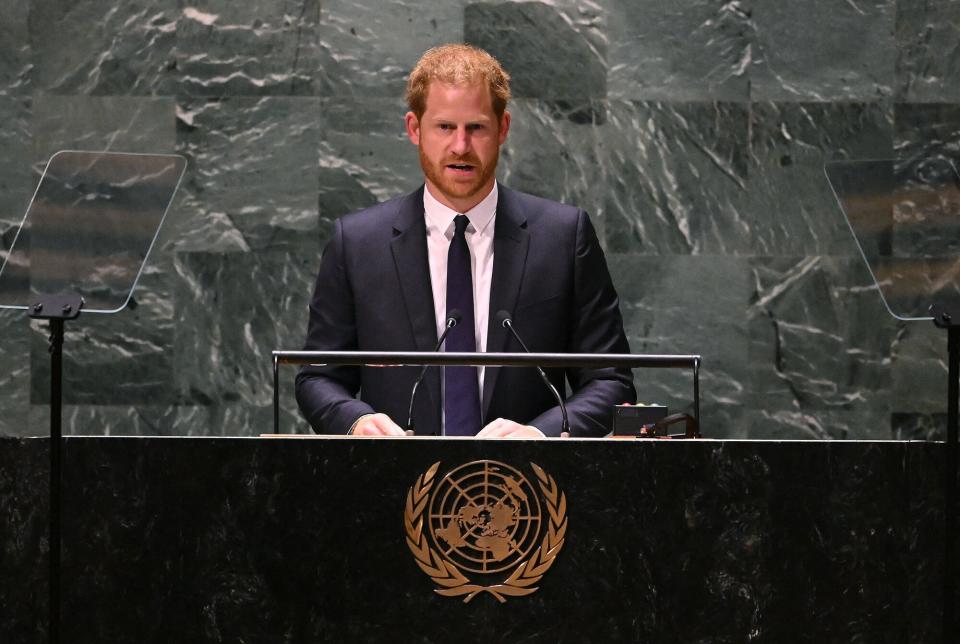 Prince Harry, Duke of Sussex, delivers the keynote address during the 2020 UN Nelson Mandela Prize award ceremony at the United Nations in New York on July 18, 2022. - The Prize is being awarded to Marianna Vardinoyannis of Greece and Doctor Morissanda Kouyate of Guinea.