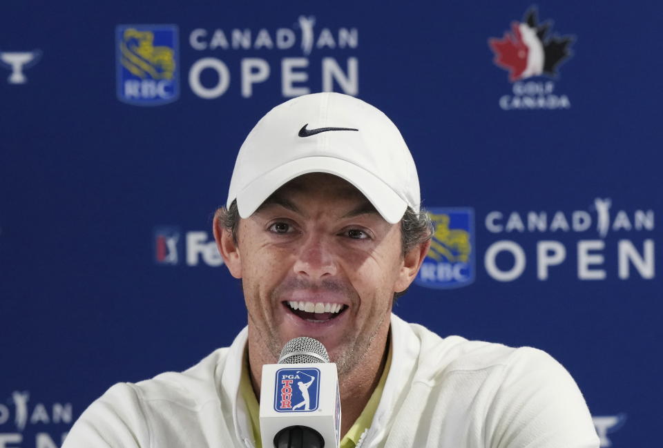 Rory McIlroy speaks to the media about the deal merging the PGA Tour and European tour with Saudi Arabia's golf interests at the Canadian Open golf tournament in Toronto on Wednesday, June 7, 2023. (Nathan Denette/The Canadian Press via AP)