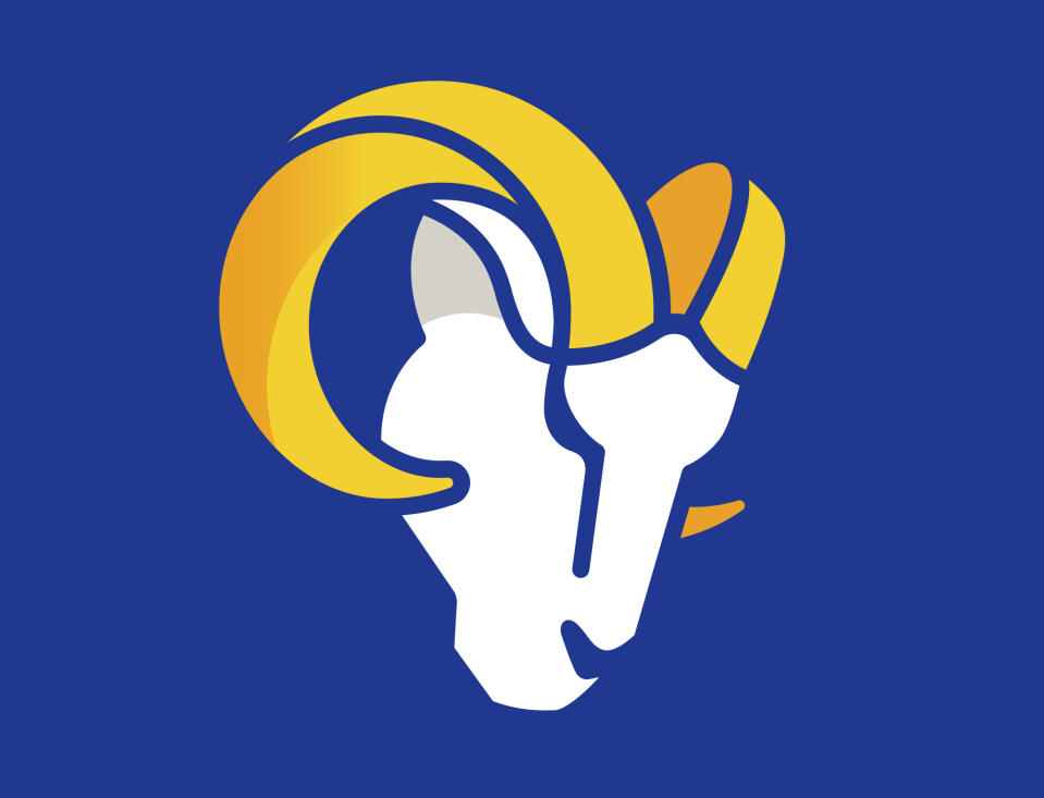 This graphic provided by the Los Angeles Rams shows a new stylized Ram head, released by the NFL football team Monday, March 23, 2020. The Los Angeles Rams unveil their new logo and color scheme with somewhat less fanfare than originally planned. The team is mildly reconfiguring its look four years after returning home to LA, and a few months before moving into SoFi Stadium. New uniforms will follow later in the spring. (Los Angeles Rams via AP)