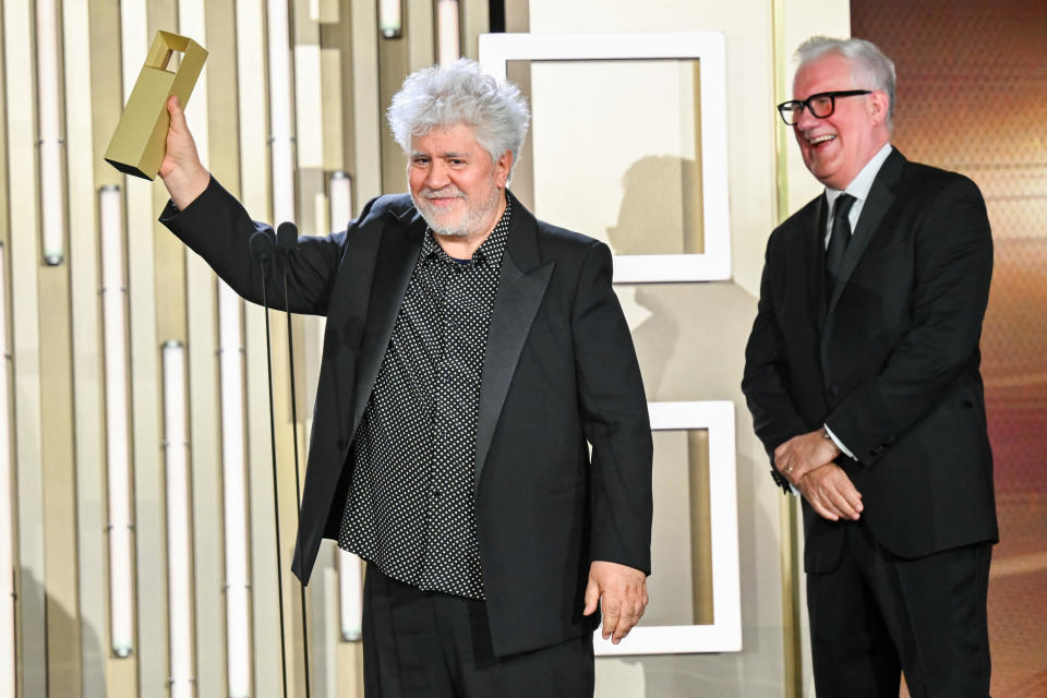 Pedro Almodovar accepts the Jeff Skoll Award in Impact Media presented by Participant from David Linde at the TIFF Tribute Gala during the 2023 Toronto International Film Festival held at the Royal York Hotel on September 10, 2023 in Toronto, Canada.