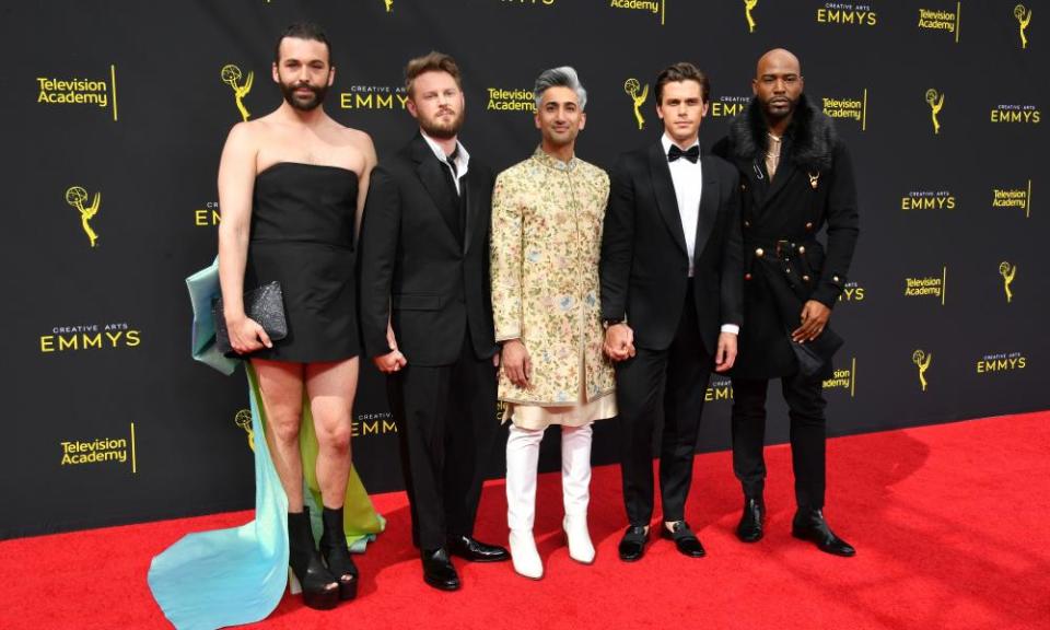 Jonathan Van Ness and Bobby Berk – both Warren supporters – with Tan France, Antoni Porowski and Karamo Brown at the Emmy Awards.