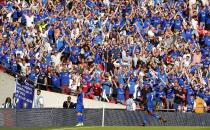 Football Soccer Britain - Leicester City v Manchester United - FA Community Shield - Wembley Stadium - 7/8/16 Leicester City's Jamie Vardy celebrates scoring their first goal Reuters / Eddie Keogh Livepic EDITORIAL USE ONLY. No use with unauthorized audio, video, data, fixture lists, club/league logos or "live" services. Online in-match use limited to 45 images, no video emulation. No use in betting, games or single club/league/player publications. Please contact your account representative for further details.