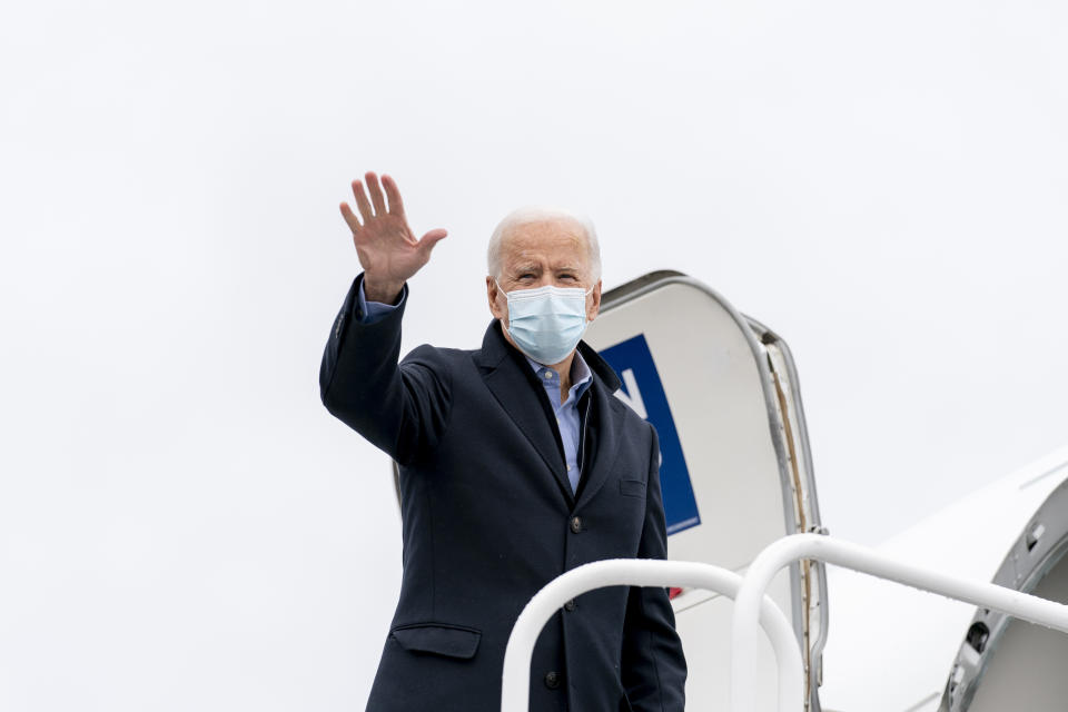 Democratic presidential candidate former Vice President Joe Biden boards his campaign plane at New Castle Airport in New Castle, Del., Friday, Oct. 30, 2020, to travel to Des Moines, Iowa. Biden is holding rallies today in Des Moines, Iowa, Saint Paul, Minn., and Milwaukee, Wis. (AP Photo/Andrew Harnik)