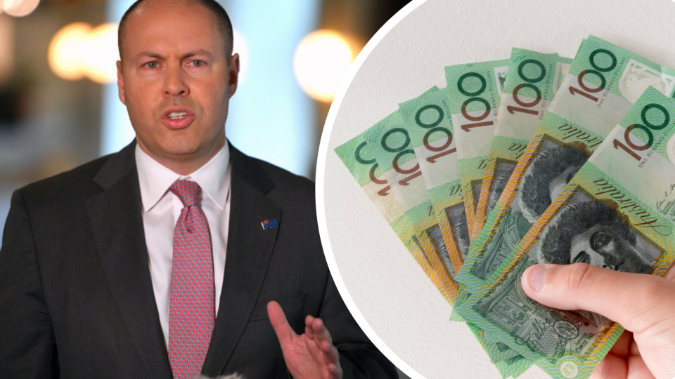 Josh Frydenberg (left), man holding $100 notes (right)