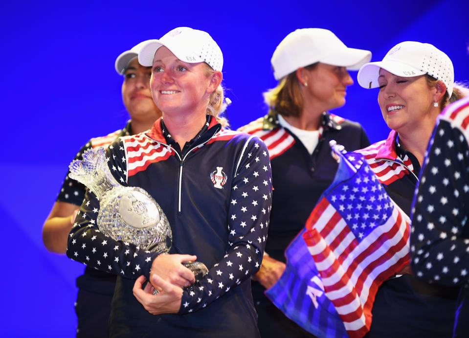 Stacy Lewis of Team USA holds the Solheim Cup trophy at the closing ceremony of The Solheim Cup at St Leon-Rot Golf Club on September 20, 2015, in St Leon-Rot, Germany. (Photo by Stuart Franklin/Getty Images)