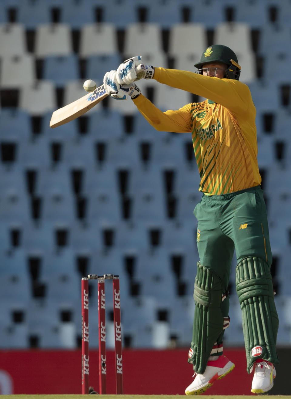 South Africa's batman Rassie van der Dussen plays a high ball during the fourth and final T20 cricket match between South Africa and Pakistan at Centurion Park in Pretoria, South Africa, Friday, April 16, 2021. (AP Photo/Themba Hadebe)