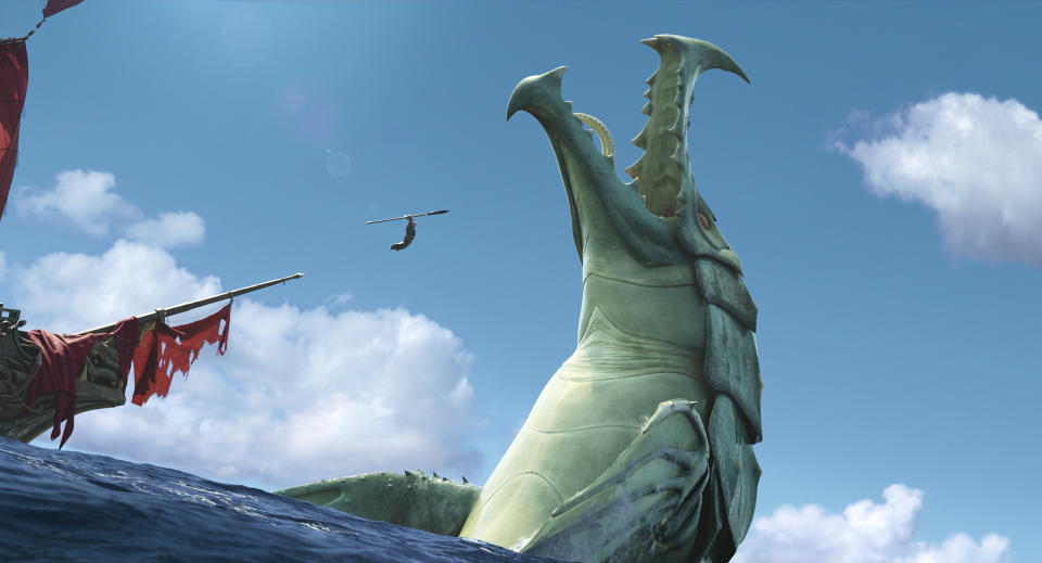 This image released by Netflix shows a scene from the animated film "The Sea Beast." (Netflix via AP)