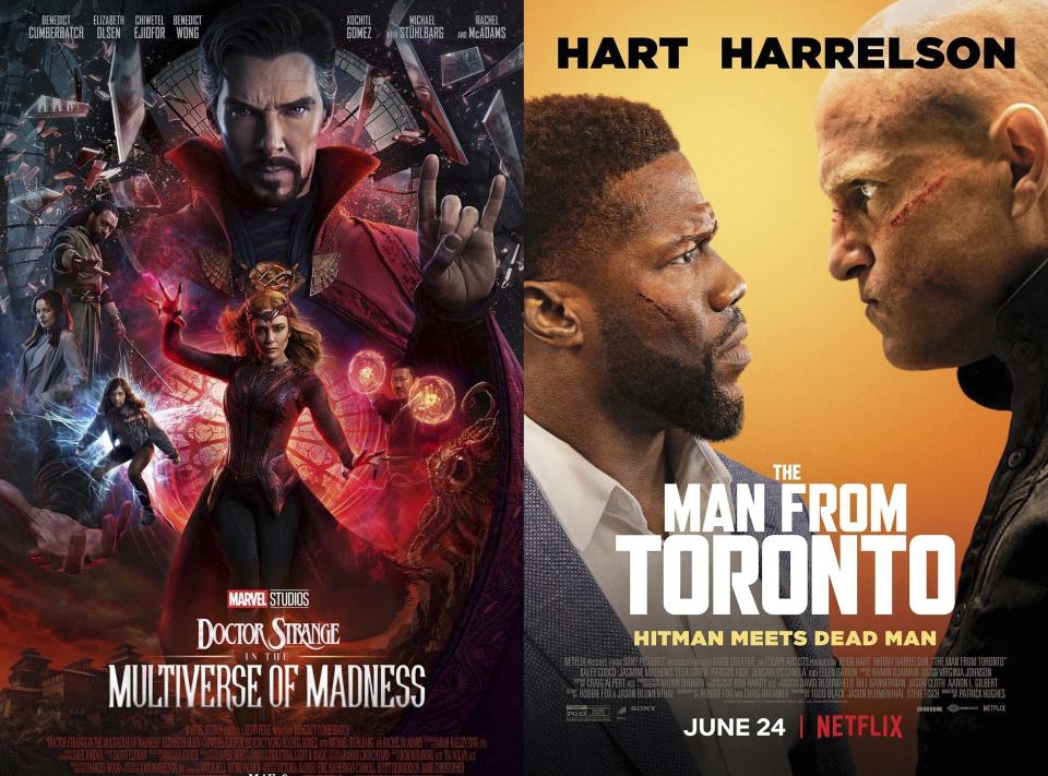 En esta combinación de fotos, el arte promocional de "Doctor Strange and the Multiverse of Madness", disponible el miércoles en Disney+., y "The Man from Toronto", una película que debuta en Netflix el 24 de junio. (Disney/Netflix vía AP)