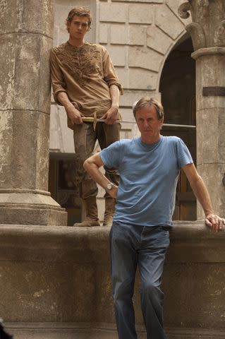 <p>Keith Hamshere/Getty</p> Actor Hayden Christensen (top) with director David Leland on the set of the film 'Virgin Territory' in Italy, 2007.