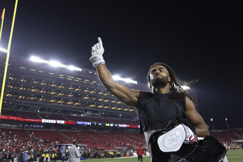 San Francisco 49ers linebacker Fred Warner celebrates after the 49ers defeated the New York Giants in an NFL football game in Santa Clara, Calif., Thursday, Sept. 21, 2023. | Jed Jacobsohn, Associated Press