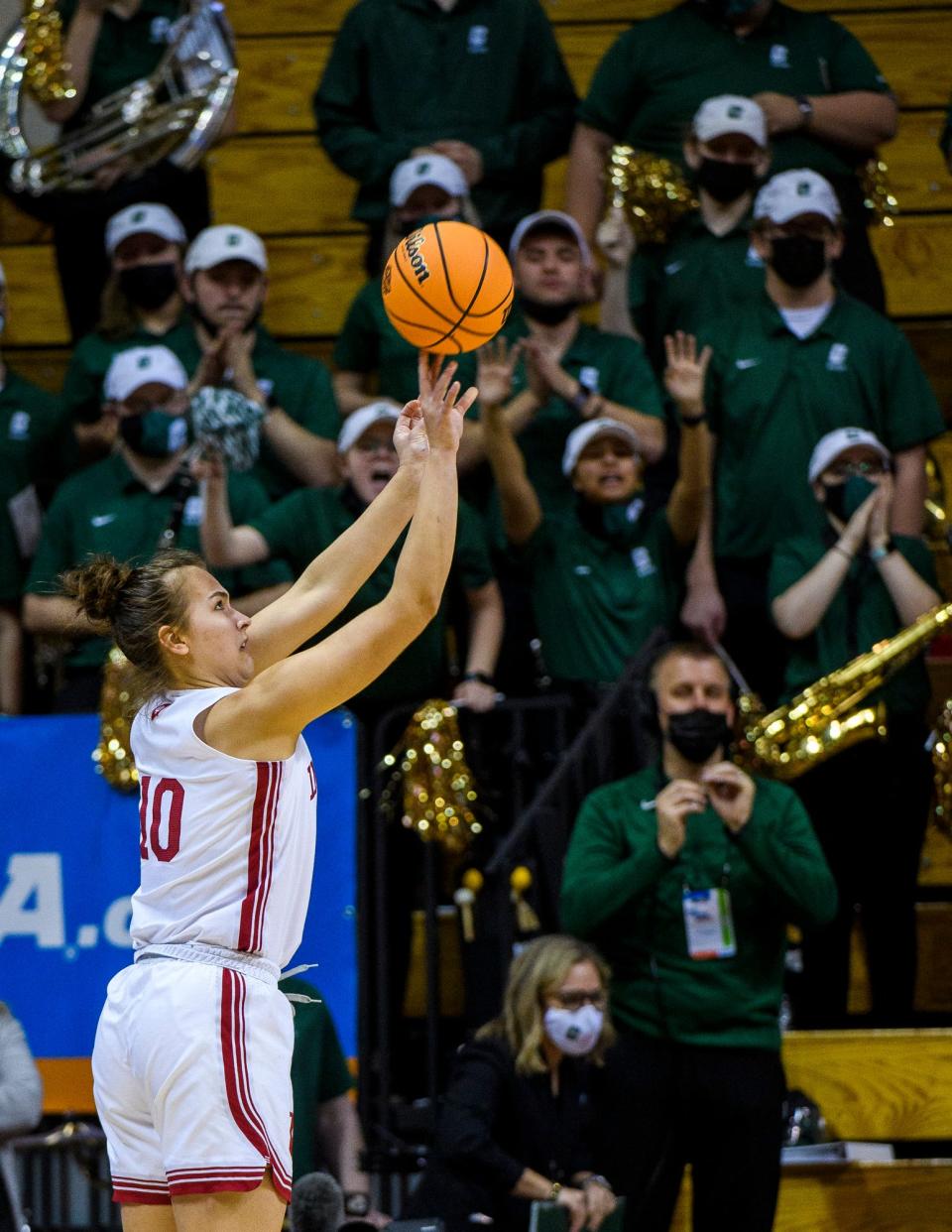 Indiana's Aleksa Gulbe (10) shoots a 3-pointer during the first half of the Indiana versus Charlotte women's NCAA First Round game at Simon Skjodt Assembly Hall on Saturday, March 19, 2022.