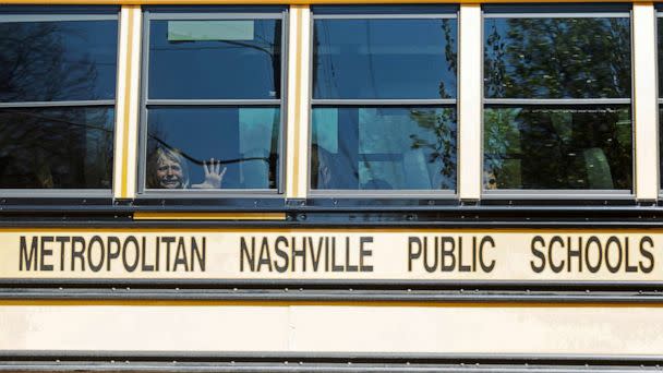 PHOTO: A child weeps while on a bus leaving The Covenant School, following a mass shooting at the school in Nashville, Tenn., Mar. 27, 2023. (Nicole Hester/USA Today Network via REUTERS)
